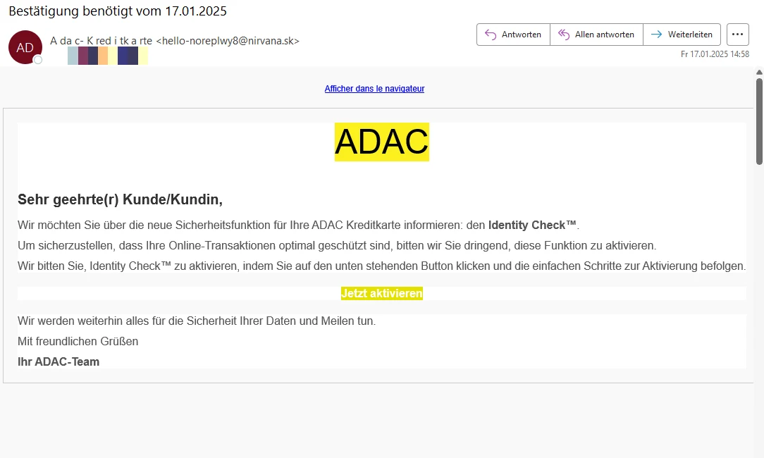 Phishing-Mail gefälschte ADAC-E-Mail: Slowakische Domain – Französischer Text – Deutsches Opfer