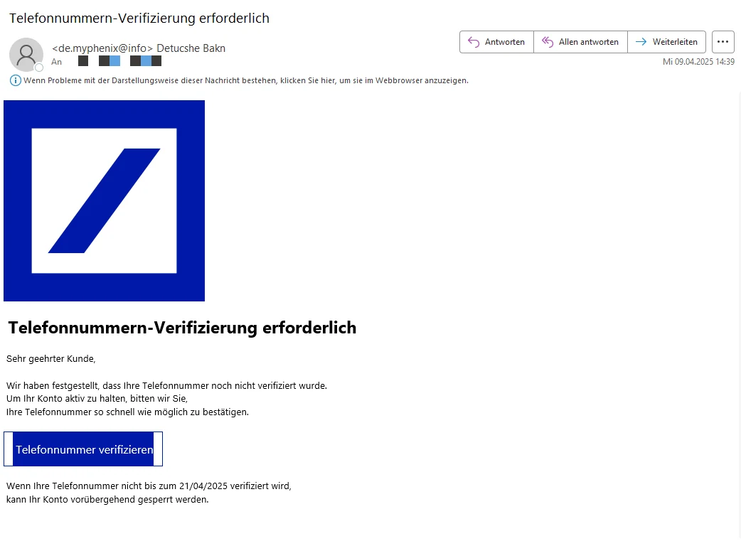 Phishing-Mail gefälschte Deutsche Bank-E-Mail: Der Schreibfehler im Absendernamen